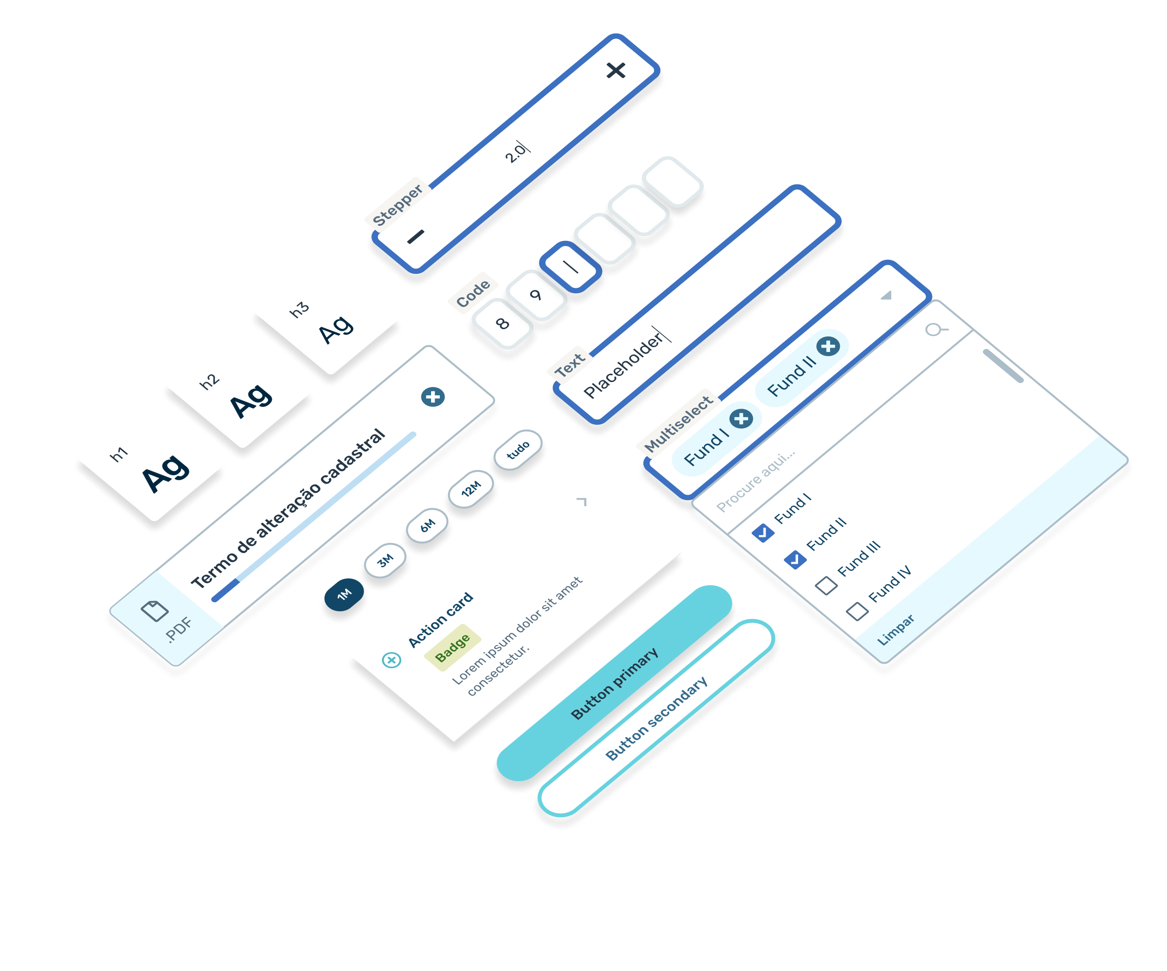Isometric illustration of typography tokens, UI surfaces, and Figma panels in the design system.